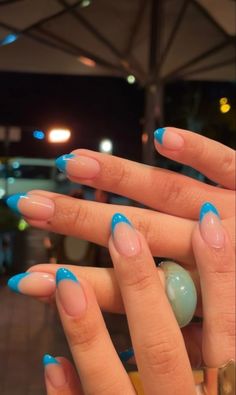 Summer Vk Nails, Short Blue Acrylic Nails Almond, Bright Nails French Tips, Blue Nails White French Tip, Summer Nail Inspo Dip Powder, Summer Vacay Nails French Tip, Summer Nail Inspo Round, French Tip Nails Teal, Easy Almond Nail Designs Summer