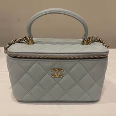 Chanel Vanity With Chain 21k Collection Tiffany Blue Calfskin Silver Hardware Brand New In Box Classic Blue Bag With Original Box, Chanel Vanity Bag, Luxury Wishlist, Chanel Vanity, Trunk Bag, Vanity Bag, Chanel Bags, Tiffany Blue, Pastel Blue