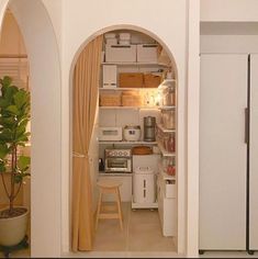 an open kitchen with white cabinets and appliances in it's doorway, next to a potted plant