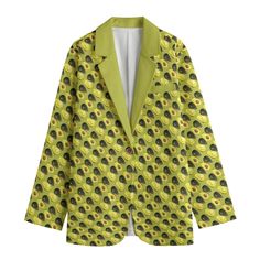 Free shipping worldwide Avocado print blazer with green accents on the lapels and pocket This classic suit is made of pure natural fiber fabric, it is comfortable and breathable, strong, structured, and stylish. Button closure and side pockets allow for proper storage. ● Fabric: 100% Cotton ● Regular fit ● Flat Lapel Collar, long sleeve, two pocket ● Fabric weight: 245g/m² ● Care Instruction: machine wash cold with similar colors, do not bleach, tumble dry low, do not iron, do not dry clean. ● N Green Notch Lapel Blazer With Pockets, Green Tailored Blazer With Notch Lapel, Green Suits With Pockets For Fall, Green Notch Lapel Sport Coat For Work, Green Long Sleeve Sport Coat For Work, Green Long Sleeve Sport Coat For Business, Notch Lapel Green Sport Coat For Work, Green Long Sleeve Business Sport Coat, Green Sport Coat With Pockets For Spring