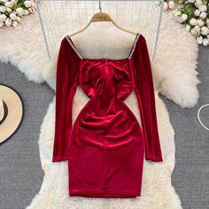 Materials: other Size: m, l Color: red, coffee, black Red Coffee, Coffee Black, Slim Waist, Wrap Dress, Cocktail Dress, Long Sleeve Dress, Velvet, Formal Dresses, Coffee