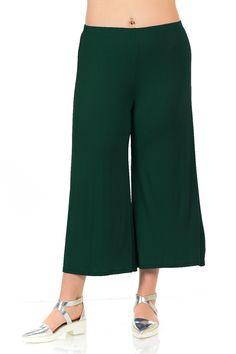 Say hello to your favorite pants! They are so versatile that can be worn for work or the weekend. Pastel by Vivienne’s pants are a practical-meet-posh pair that slips on effortless with an elasticized waist. For an office look, pair them with a mock neck shirt, statement necklace and pumps. On your day off, style it with a simple rounded neck shirt and slip on sneakers. These comfortable pants feature elastic waist, wide leg and pull on style. They are made of soft jersey knit that has great dra Green 4-way Stretch Pants For Spring, Spring Green 4-way Stretch Pants, Versatile Solid Color Ankle-length Culottes, Casual Stretch Culottes For Work, Stretch Wide Leg Capris For Work, Casual Full-length Culottes, Casual Full Length Culottes, Solid Capris With Pull-on Style For Work, Solid Color Pull-on Capris For Work