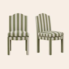 two green and white striped chairs against a white background, one is facing the other