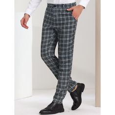 Great tailoring makes it more elegant in classic plaid style. These plaid dress pants are perfect for a business-smart wear look. These plaid dress pants made of 96% polyester, and 4% spandex bring a comfortable wearing experience. It can be an essential choice for formal occasions such as weddings, banquets, dates, work, and parties. Daily wear on informal occasions can also be an option. A wardrobe unique necessity for your looks. Elegant Plaid Bottoms For Business, Tailored Plaid Pants For Formal Occasions, Elegant Plaid Pants For Business, Plaid Bottoms For Business In Fall, Elegant Plaid Pants For Business Casual, Elegant Plaid Business Casual Pants, Plaid Dress Pants For Workwear, Plaid Pants With Welt Pockets For Business, Plaid Tapered Leg Business Casual Pants