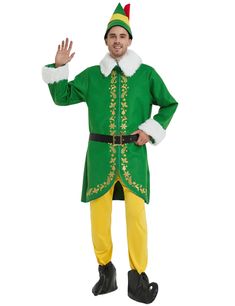 a man dressed in a green and yellow elf costume with his hands out to the side