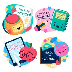 back to school stickers are shown in this set, including an apple, backpack and books