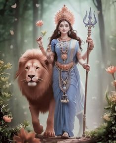 a painting of a woman with a lion and a staff in front of her,