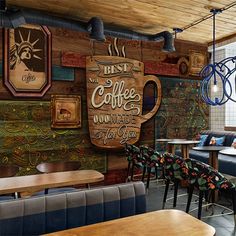 the interior of a coffee shop with wood paneling and colorful artwork on the walls