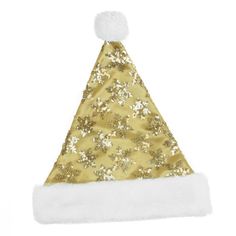 Add some sparkle to your holiday decor this year. This bedazzled Santa hat is white in color with gold sequin snowflakes and a white faux fur brim, this Santa hat is perfect for adding an extra bit of glitz to your holiday wardrobe. A great alternative to the traditional Santa hat. Product Features: Gold and white sequined snowflakes Santa hat Features a base with a mesh overlay White faux fur trim and pom-pom One-sided design and white poly lining Care instructions: spot clean only Dimensions: Christmas Santa Hat, Gold Costume, Christmas Clothing, Holiday Hats, Christmas Central, Stocking Tree, Snowflake Christmas, Indoor Christmas Decorations, Gold Velvet