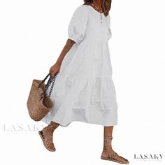 Lasaky - Casual Short Sleeve Solid Color Printed Loose Dress with Ruffle Hem and Puff Sleeves Beach Dress Casual Solid Color Midi Puff Sleeve Dress, Casual Solid Color Puff Sleeve Midi Dress, Casual Puff Sleeve Midi Dress Solid Color, Casual Puff Sleeve Midi Dress In Solid Color, Summer Solid Color Maxi Dress With Puff Sleeves, Casual Puff Sleeve Maxi Dress For Beach, Summer Puff Sleeve Solid Color Maxi Dress, Casual Puff Sleeve Midi Dress For Beach, Casual Beach Maxi Dress With Puff Sleeves