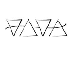 three triangles are drawn in black ink on a white background with the word ava written below them