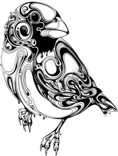 a black and white drawing of a bird