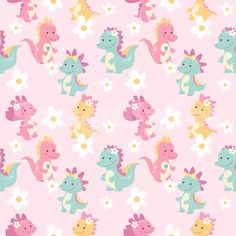 a pink background with colorful dinosaurs and daisies on the bottom, in pastel colors