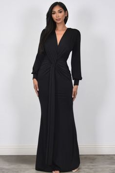 Beautiful Black Long Style Dress Beautiful black long stretchy spandex dress. Dress is designed to fit every curve. This is a form fitted curve hugging dress made with spandex. Plenty of stretch and the fabric is medium weight poly spandex blend. Plunging neckline you can easily pin close or wear open. Ruching detail for a figure flattering look. Long sleeves. Sleek Stretch Maxi Dress For Date Night, Sleek Black V-neck Maxi Dress, V-neck Elastane Maxi Dress For Night Out, Floor-length Black Bodycon Dress, Fitted Floor-length Black Bodycon Dress, Fitted Black Floor-length Bodycon Dress, Black Fitted Floor-length Bodycon Dress, Sleek Stretch Maxi Dress For Formal Occasions, Formal Maxi Length Elastane Bodycon Dress