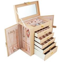 an open jewelry box with six drawers