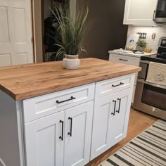 a kitchen island with a potted plant sitting on it's top in front of an oven