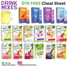 various drinks and juices are displayed in this ad for drink mixes, with the caption'dyfe free chat sheet