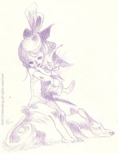 a pencil drawing of a girl hugging a dog