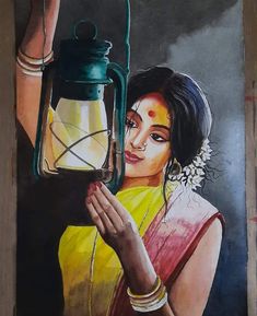 a painting of a woman holding a lantern in her hand and wearing a yellow sari