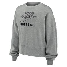 Find NIKE Phoenix Fleece Softball Crew-neck Sweatshirt on Editorialist. It's your game. Make sure everyone knows in this Nike fleece sweatshirt. Smooth on the outside, slightly fuzzy on the inside, our midweight semi-brushed fleece helps keep you cozy while still being breezy. Product Details.:80-100% cotton/0-20% polyester. Material percentages may vary. Check label for actual content. Machine wash. Imported. Style: W33303PB24; Color: Black; Size: M; Gender: Female; Age Group: Adult | Nike Phoe Nike Phoenix Fleece, Nike Fleece, Women Lifestyle, University Blue, Fleece Sweatshirt, Grey Sweatshirt, Active Wear For Women, Softball, Phoenix