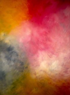 an abstract painting with red, yellow and blue colors in the sky overcast clouds