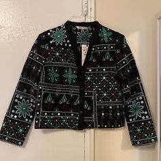 Brand Nwt Zara Embroidered Jacket/ Blouse. Deep V Neck, Beautiful Details With Reflective Elements. Size Xs Festive Long Sleeve Outerwear For Spring, Festive Long Sleeve Blazer For Fall, Fitted Fall Outerwear With Geometric Embroidery, Fitted Outerwear With Geometric Embroidery For Fall, Fitted Spring Outerwear With Geometric Embroidery, Spring Embellished Long Sleeve Blazer, Traditional Long Sleeve Sequin Top, Embroidered Long Sleeve Outerwear For Festive Occasions, Festive Long Sleeve Embroidered Outerwear