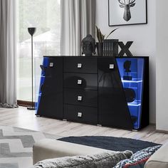 a black and blue cabinet in a living room