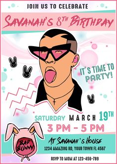 a birthday party flyer with an image of a man wearing sunglasses and holding a pink piggy