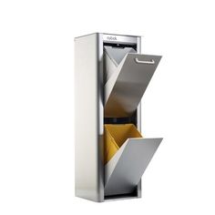 an open metal cabinet with yellow file folders in the bottom section and white background