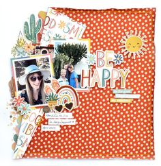 a scrapbook page with an orange and white polka dot cover, sun, flowers, and photos