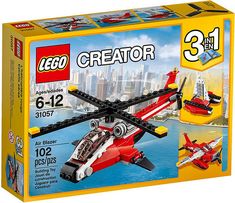 a lego box with a red and white helicopter in it