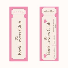 two pink tickets with hearts on them for a book lover's club or party