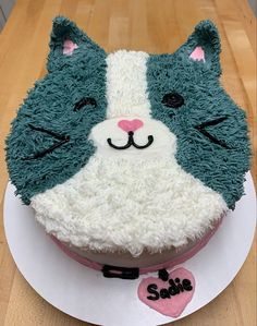 a cat cake with white and blue frosting