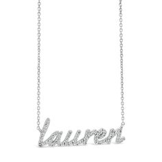 "A diamond nameplate necklace is the perfect gift for a loved one (or yourself)! This customizable style features elegant script lettering and a shimmering pave diamond setting. This amazing diamond nameplate necklace is made up of 61 brilliant cut round diamonds that spell out the word \"Lauren\" in a script style. This necklace is completely customizable! Choose either 14k yellow, white, or rose gold and the length chain that you would like. Chris selects each diamond individually to ensure un Luxury Diamond Nameplate Necklace Gift, Diamond Circle Necklace, Diamond Monogram, Diamond Bar Necklace, Diamond Signet Ring, Elephant Pendant Necklace, Diamond Heart Pendant Necklace, Diamond Evil Eye, Rainbow Gemstones