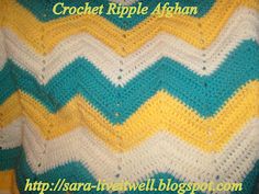 a crochet ripple afghan is shown in blue, yellow and white colors with the words crochet ripple afghan written below it