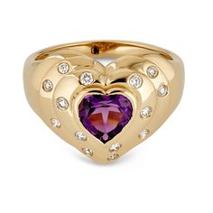 14k Yellow Gold Amethyst and Diamond Heart Ring Heart Gemstone Ring, Big Ring, Gold Heart Ring, Amethyst Heart, Diamond Heart Ring, Colored Gemstones, Aesthetic Jewelry, Big Rings, Heart Gemstone