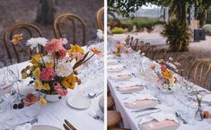 two photographs of tables set up for an outdoor wedding reception with flowers in vases and place settings