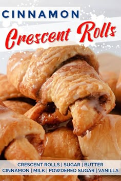 cinnamon crescent rolls are stacked on top of each other with the words crescent rolls written below