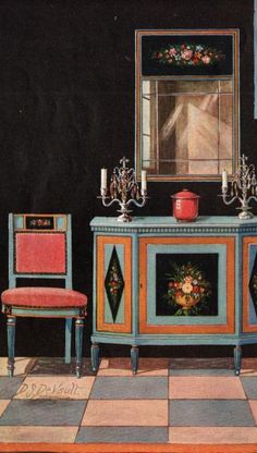 an old fashion dresser with two chairs and a mirror