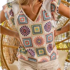 Make A Bold Statement In This Fun Printed Waffle Knit Top! Its Cream Body And Light Weight Make It An Easy, Breezy Addition To Your Wardrobe, And The True-To-Size Fit Will Have You Lookin' Super Cute! Get Your Waffle-On! Shoulder To Shoulder 15 Multicolor V-neck Knit Top For Summer, Casual Multicolor Ruffled Tops, Casual Multicolor Knit Top For Day Out, Multicolor Knit Casual Tops, Patterned Ruffle Tops For Vacation, Patterned Ruffled Tops For Vacation, Multicolor Knit Top For Day Out, Casual Multicolor Knit Tops, Summer Cotton Tops With Pattern