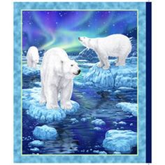 two polar bears standing on ice in front of an aurora borel sky and stars