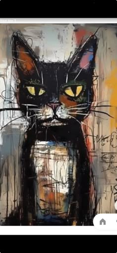 a painting of a black cat with yellow eyes and whiskers on it's face