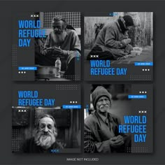 the world refuge day flyer is shown in four different colors, including blue and black