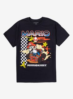 Race to the finish line with the coolest tee on! This Mario Kart shirt features Mario drifting to the finish line  with some items from the game around him and his name up top.100% cottonWash cold; dry lowImportedListed in men'sunisex sizes Mario Kart Shirt, Retro Sports T-shirt With Graphic Print, Sporty Fan Merchandise T-shirt With Front Print, Sporty T-shirt With Front Print For Fans, Gamer Style Cotton T-shirt With Logo Print, Cotton Sports T-shirt With Graphic Design, Retro Sports Graphic Print T-shirt, Gamer Graphic Print Short Sleeve Tops, Sporty Graphic Design T-shirt For Fan Merchandise