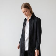 The perfect throw-on jacket / coat for cooler days, our Long Fabio linen jacket is crafted from pure linen and cut to flatter. With clean lines and a slim silhouette it complements any outfit, and will be a versatile addition to your wardrobe. Cut from lightweight but durable linen this jacket has a neat band collar, two buttons to the front and skims just below the knees. DETAILS: * Made in Lithuania from heavy weight (280 g/m2) linen fabric. The fabric is really soft as the garment is prewashe Linen Coat, Leftover Fabric, Linen Jacket, Band Collar, Pure Linen, Lithuania, Jacket Coat, Heavy Weight, Clean Lines