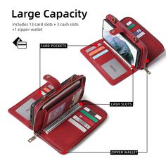 About this item: Multifunction: This flip case has 13 hidden slots, 1 zipper pocket. Enough capacity for driver's license, credit/debit cards, coins, keys, bills, change, and photo of loved ones. Wallet case: This flip folio case can be used as a wallet case &phone case &kickstand. It is detachable. You can remove it and use it alone as a kickstand and enjoy hands-free viewing &reading &videoing experience at your convenience. Crossbody Strap: The package will arrive with a crossbody strap. You Red Phone Bag With Card Slots For Travel, Red Rectangular Card Holder With Zipper, Red Rectangular Card Holder With Zipper Closure, Red Rectangular Phone Bag With Card Slots, Rectangular Red Phone Bag With Card Slots, Multifunctional Rectangular Wallets With Interior Card Slots, Multifunctional Rectangular Wallet With Card Slots, Multifunctional Rectangular Wallet With Interior Card Slots, Red Card Holder With Card Slots For Travel