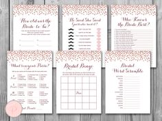 pink and gold bridal party game set with matching seating cards, which include the bride to be