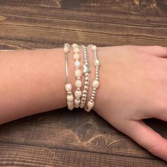 Silver & Peach Beaded Bracelets The Cole Collection Peach Bracelet, Silver Bracelet Stack, Fun Bracelet, Silver Jewelry Fashion, Initial Bracelet, Silver Bangle Bracelets, Cool Necklaces, Bracelet Collection, Earrings Collection