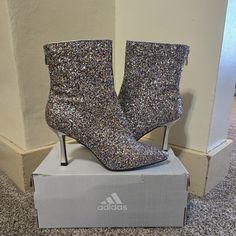 Brand New!! Nwt Women's New York & Co. Sparkly Silver & Rainbow Glitter Bling Boots Size 9. Boots Are Silver Glitter With Pops Of Rainbow Colored Glitter Throughout. Boots Have Blue, Pink, Green, Purple, More Glitter Throughout. Boots Have Zippers In The Back For Easy On And Off. They Do Have A Heel, But Have Good Support And Are Easy To Walk In. These Booties Are Very Versatile And Go With Leggings, Jeans, Skirts, Dresses, Pants, And More!! They Come With Dust Bags As Well. Very Cute, Stylish, Silver Glitter Boots For Party Season, Winter Silver Glitter Boots, Silver Glitter Party Boots, Silver Sparkling Boots For Fall, Sparkling Silver Boots For Fall, Red Ballerina Flats, Bling Boots, Red Ballerinas, Red Stiletto Heels