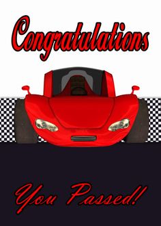 congratulations card with a red sports car on checkered background and the words you passed